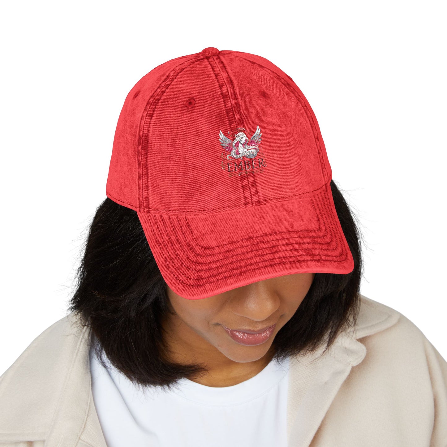 Vintage Embroidered Cap - Ember Design, Red Adjustable Hat